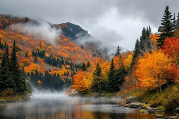 Fototapeta premium A tranquil lake nestled amidst a lush forest of larch and spruce trees, shrouded in a veil of autumn mist and surrounded by majestic mountains