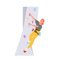 Extreme young woman sportive athlete climber cartoon character gripping stones on indoor rock wall