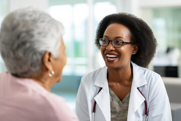 Smile, woman or doctor consulting a patient in meeting in hospital for healthcare feedback or support. Happy, medical or nurse with a mature person talking or speaking of test results or advice - obrazy, fototapety, plakaty