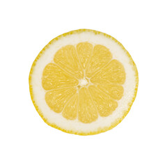 Top view of a one single lemon slice isolated on a cut out PNG transparent background