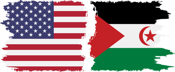 Western Sahara and USA grunge flags connection vector