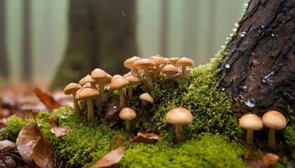 Autumn seasonal background, little mushrooms growing on a tree trunk in wet moss and fallen leaves, on forest floor under rain drops and autumnal sun - Fall season magical ambience created with genera - obrazy, fototapety, plakaty