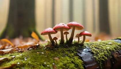Autumn seasonal background, little mushrooms growing on a tree trunk in wet moss and fallen leaves, on forest floor under rain drops and autumnal sun - Fall season magical ambience created with genera - obrazy, fototapety, plakaty