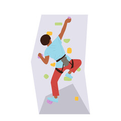 Man sportive athlete making bouldering rock climbing artificial wall with stones vector illustration