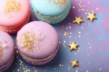 An array of delectable macaroons, adorned with golden stars and bursting with vibrant hues, beckons with their irresistible sweetness and expertly crafted cake decorating