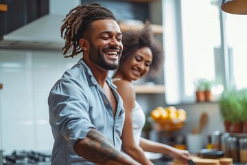 A woman and man stand smiling in their kitchen, the walls adorned with memories and the scent of food filling the room - obrazy, fototapety, plakaty