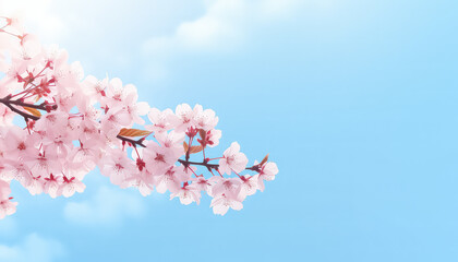 Blooming pink cherry blossoms on the background of the sky