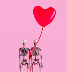 Skeleton couple with red heart on pink background. Vinimal art Valentine day poster.