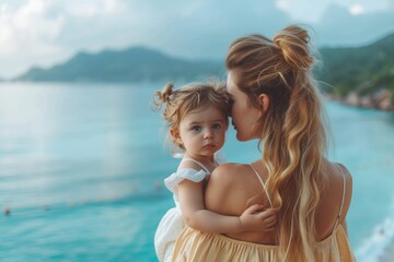 A beaming mother cradles her precious toddler in the warmth of the summer sun, surrounded by the serene beauty of a mountain lake, both wrapped in love and joy on their vacation