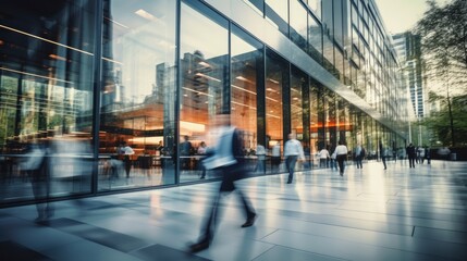 Blurred business background. Walking businessmen in a modern glass office center, shopping mall, bank. Movement effect, stylish interior with green plants