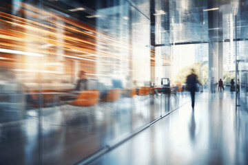 Blurred business background. Walking businessmen in a modern glass office center, shopping mall, bank. Movement effect, stylish interior with green plants