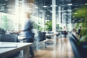 Blurred business background. Walking businessmen in a modern glass office center, shopping mall, bank. Movement effect, stylish interior with green plants - obrazy, fototapety, plakaty