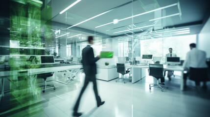 Fototapeta na wymiar Blurred business background. Walking businessmen in a modern glass office center, shopping mall, bank. Movement effect, stylish interior with green plants