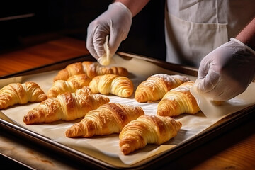 Obraz na płótnie Canvas Fresh crispy golden croissants on a baking sheet. The cook in white gloves took the hot croissants out of the oven. Making croissants. Classic pastry, sweet dessert for breakfast