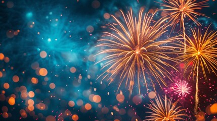 Fototapeta premium Glittering fireworks painting the night sky with bursts of vivid color. large copyspace area with copy space for text
