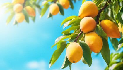 Lemons on a tree against the sky in summer