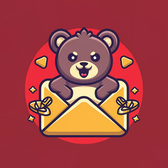 Flat logo of chibi bear isolated on a red lucky envelope background.