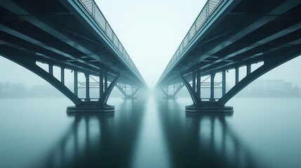 The symmetry of a modern bridge's steel beams, stretching across a calm, urban river