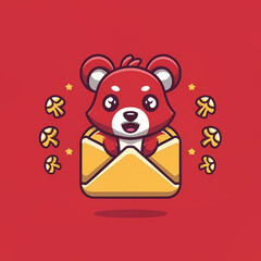 Flat logo of chibi bear isolated on a red lucky envelope background.