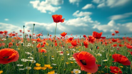 Naklejka premium Beautiful natural background with poppy flower field and blue sky large copyspace area with copy space for text