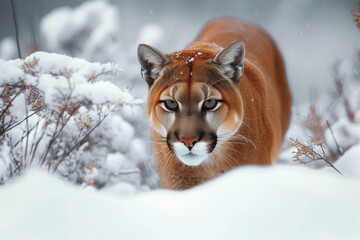 A majestic cougar prowls through the snowy terrain, its powerful frame blending seamlessly with the...