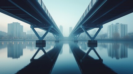 The symmetry of a modern bridge's steel beams, stretching across a calm, urban river