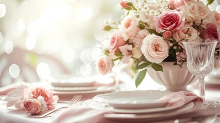 An elegant table setting adorned with fresh roses and peonies