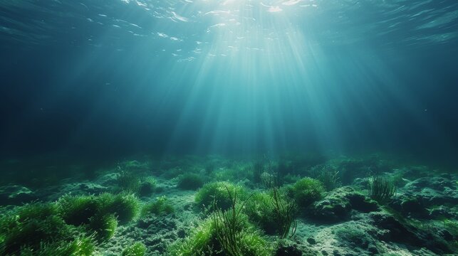 Beautiful sea background with algae on the bottom large copyspace area with copy space for text