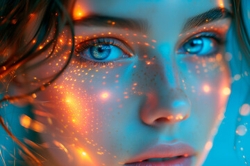 portrait of a beautiful woman double exposure with mother board, futuristic cyborg elements