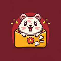 Flat logo of chibi hamster isolated on a red lucky envelope background.