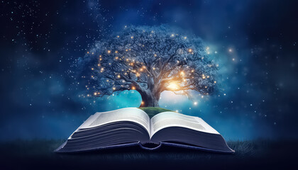 The tree of knowledge shines with lights, growing out of a book - obrazy, fototapety, plakaty