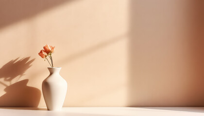 White vase with plant and shadow on beige wall