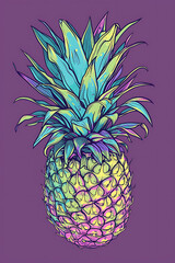 a cartoonish style drawing of a funky colours pineapple with a purple background