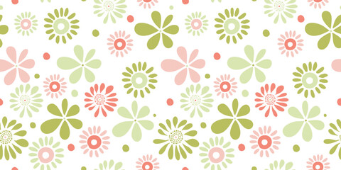 Cute Watercolor Pink / Green / White Flowers Seamless Pattern with Dot. Flower Floral Pattern Vector