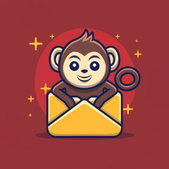 Flat logo of chibi monkey isolated on a red lucky envelope background.