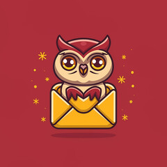 Flat logo of chibi owl isolated on a red lucky envelope background. 