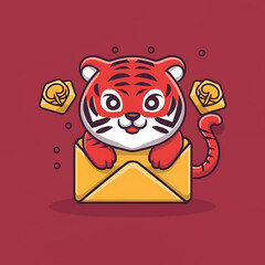 Flat logo of chibi tiger isolated on a red lucky envelope background.