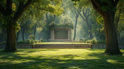 An elegant stage positioned in a tranquil park, framed by ancient trees - obrazy, fototapety, plakaty