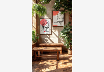 Poster Frame Mockup Interior: Wooden Bench with Plant, Framed Pictures, and Window Reflections, Perfect for Stock Images
