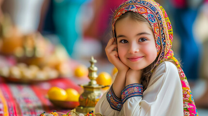 A young girl joyfully celebrating Eid al-Fitr with colorful decorations.