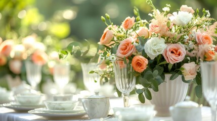 Tables adorned with fresh flowers and delicate china, evoking an elegant garden affair