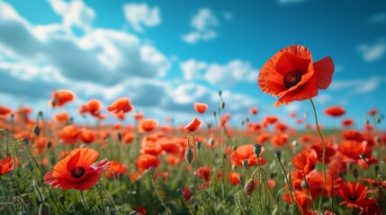 Beautiful natural background with poppy flower field and blue sky large copyspace area with copy space for text - obrazy, fototapety, plakaty