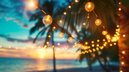Blurred beach scene background with warm string lights and garlands. Palm trees, tranquil waves and a colorful sky. Beach bar at evening.