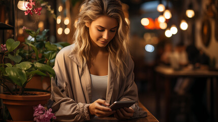Young woman in a cozy cafe setting, absorbed in her smartphone, with warm ambient lighting and plants around, evoking a relaxed, urban atmosphere