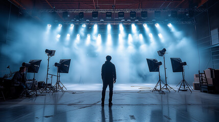 Silhouette of a person on stage with spotlight and smoke effects, capturing the dramatic pre-show...