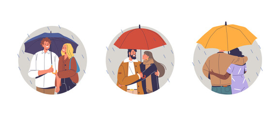 Isolated Vector Round Icons or Avatars with Loving Couple Cartoon Characters Sheltered Beneath A Shared Umbrella