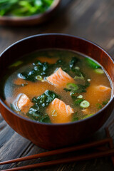 close-up of japanese miso soup with salmon in the bowl.