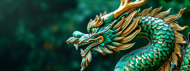 Fototapeta na wymiar Green Chinese dragon statuette banner for Chinese New Year ceremony with copy space
