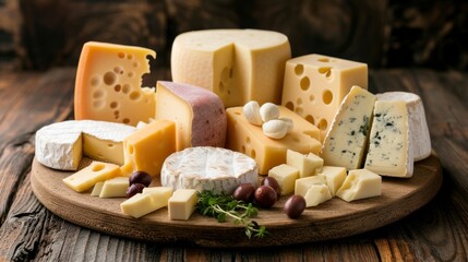Delicious cheese board with a wide variety of cheeses on a wooden board, good atmosphere, fresh in high resolution and quality. national cheese concept