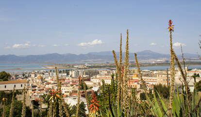 Panoramic view of the city and sea port on a summer day. Top view. Cagliari. Italy.